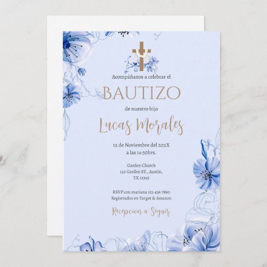 Invitación Spanish Baptism Boy invitation  (Devant / Derrière)