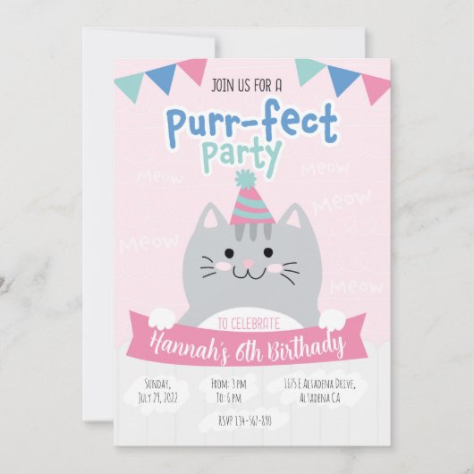 Invitaciones fiesta de cumpleaños cute kitty kaart (Voorkant)