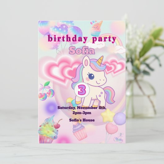 INVITATION かわいいピンクのゆるふわユニコーン♡女の子の誕生日パーティー (Debout devant)