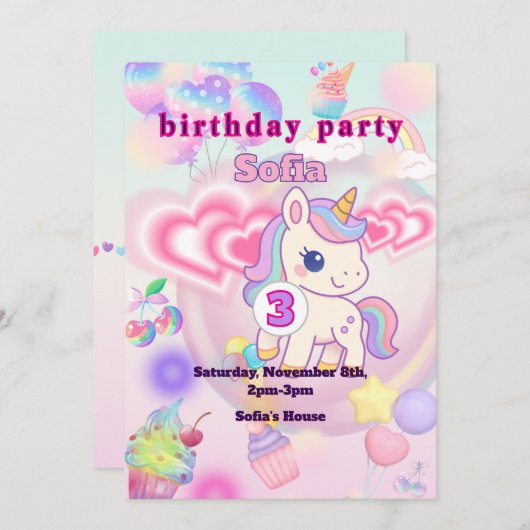 INVITATION かわいいピンクのゆるふわユニコーン♡女の子の誕生日パーティー (Devant / Derrière)