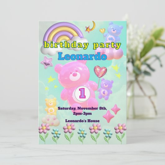 INVITATION かわいいブルーのゆるふわくまさん♡男の子の誕生日パーティー (Debout devant)