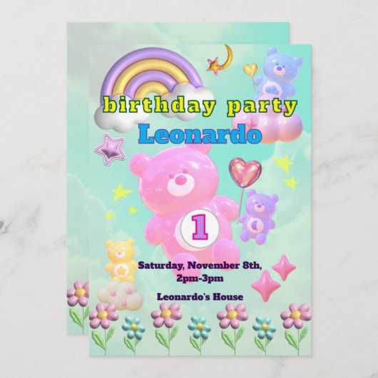 INVITATION かわいいブルーのゆるふわくまさん♡男の子の誕生日パーティー (Devant / Derrière)