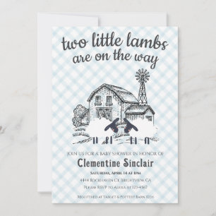 Invitation 001 Bleu ciel Deux petits agneaux Gingham Baby Sho