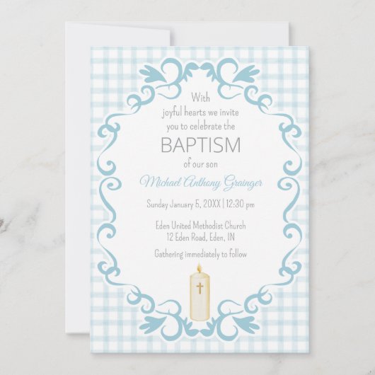 Invitation 001 Ciel Bleu Gingham Croix Bougie Baptême (Devant)