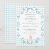 Invitation 001 Ciel Bleu Gingham Croix Bougie Baptême (Devant / Derrière)