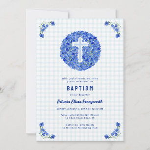Invitation 001 Ciel Bleu Gingham Floral Croix Baptême