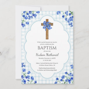 Invitation 001 Fleur Bleue Ciel Croix Rustique Design Baptême