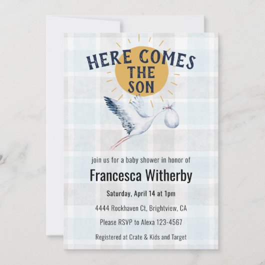 Invitation 001 Sky 020 Fog Sun Plaid Stork Baby Shower (Devant)