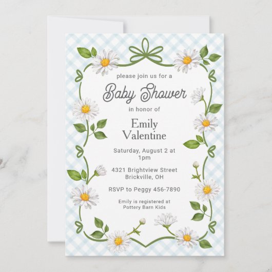 Invitation 001 Sky Blue Daisy Plaid Baby Shower (Devant)