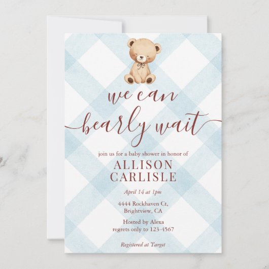 Invitation 001 Sky Blue Teddy Bear Gingham Baby Shower (Devant)