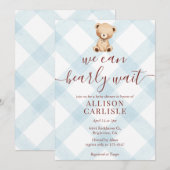 Invitation 001 Sky Blue Teddy Bear Gingham Baby Shower (Devant / Derrière)