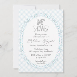 Invitation 001 Sky Vintage Lace Frame Gingham Baby Shower