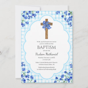 Invitation 002 Fleur de Bleu Céleste Croix Rustique Design Ba