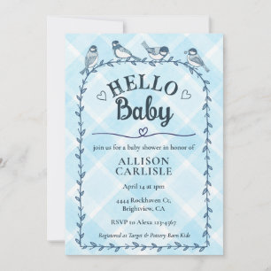 Invitation 002 Gingham Oiseaux Aquarelle Bleu Baby Shower