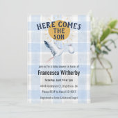 Invitation 003 Cobalt 020 Fog Sun Plaid Stork Baby Shower (Debout devant)