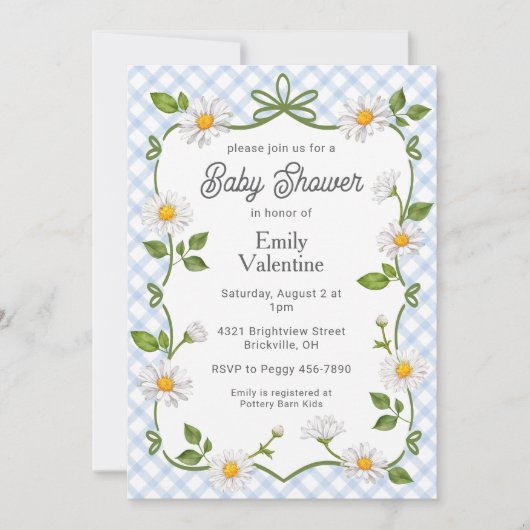Invitation 003 Cobalt Blue Floral Daisy Plaid Baby Shower (Devant)