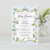 Invitation 003 Cobalt Blue Floral Daisy Plaid Baby Shower (Debout devant)