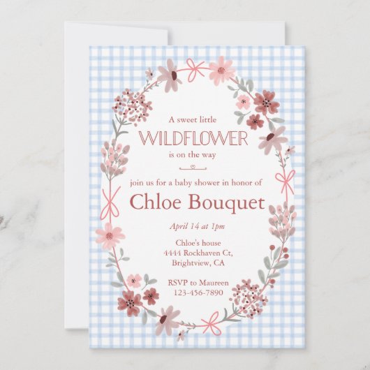 Invitation 003 Cobalt Blue Wildflower Bow Gingham Baby Shower (Devant)