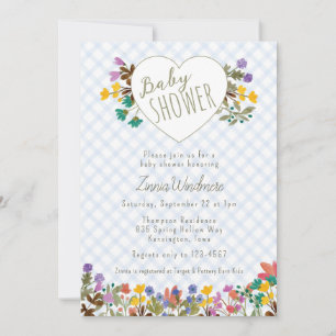 Invitation 003 Cobalt Gingham Jardin Cœur Floral Baby Shower