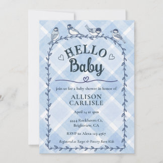 Invitation 003 Cobalt Watercolor Gingham Birds Baby Shower