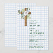 Invitation 003 Coblalt Rustique Verdure Croix en Bois Baptême (Devant / Derrière)