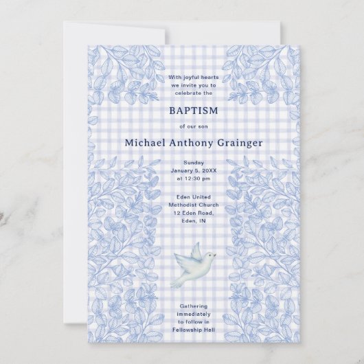 Invitation 004 Indigo Colombe Botanique Croisé Gingham Baptêm (Devant)