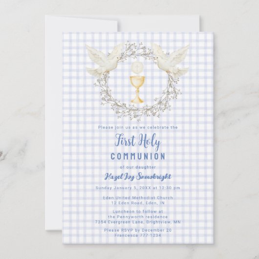Invitation 004 Indigo Colombe & Chalice Gingham Première Comm (Devant)