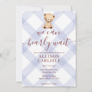Invitation 004 Ours en peluche bleu indigo Gingham Baby Showe