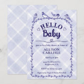 Invitation 005 Iris Aquarelle Gingham Oiseaux Baby Shower (Devant / Derrière)
