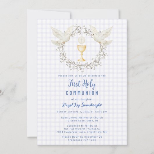 Invitation 005 Iris Dove & Chalice Gingham 1ère Communion (Devant)