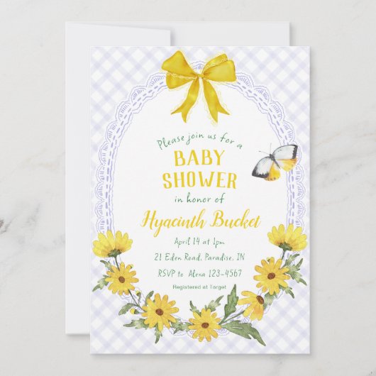 Invitation 005 Iris Jaune Daisy Noeud Gingham Baby Shower (Devant)