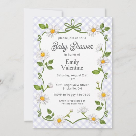 Invitation 005 Iris Lavender Floral Daisy Plaid Baby Shower (Devant)