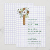 Invitation 005 Iris Rustique Feuillage Croix en Bois Baptême (Devant / Derrière)