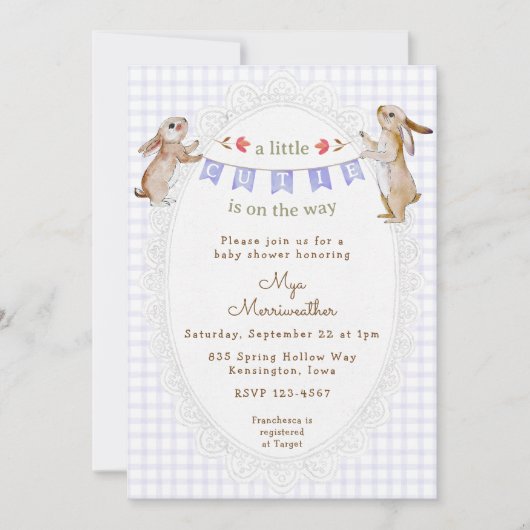 Invitation 005 Iris Violet Lapin Doux Gingham Baby Shower (Devant)