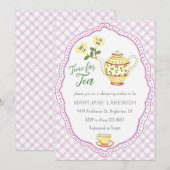 Invitation 006 Fête de thé bébé mignon gingham violet vin (Devant / Derrière)
