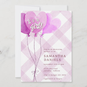 Invitation 006 Fête Prénatale Bébé Ballon Gingham Cœur Violet