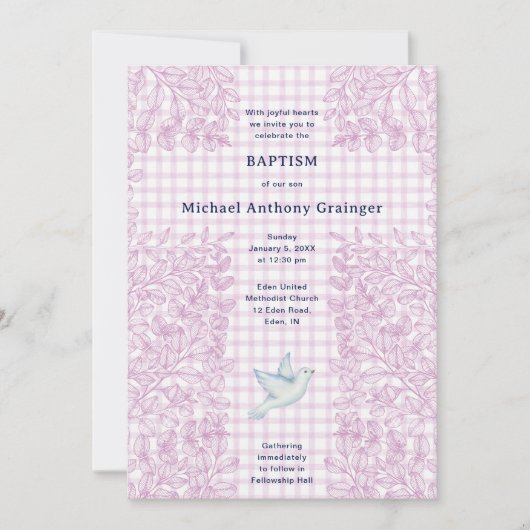 Invitation 006 Vin Colomb Botanique Gingham Baptême (Devant)