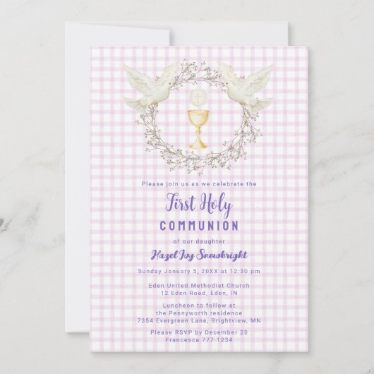 Invitation 006 Vin Colombe & Calice Gingham 1ère Communion (Devant)