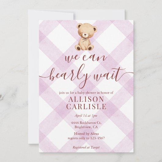 Invitation 006 Wine Purple Teddy Bear Gingham Baby Shower (Devant)