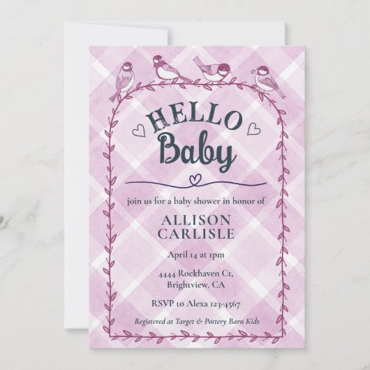 Invitation 006 Wine Watercolor Gingham Birds Baby Shower (Devant)