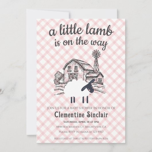 Invitation 007 Red A Little Lamb Farm Gingham Baby Shower (Devant)
