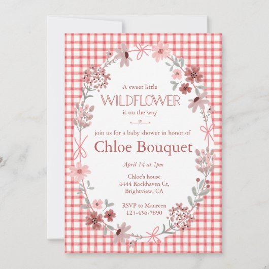 Invitation 007 Red Boho Wildflower Bow Gingham Baby Shower (Devant)