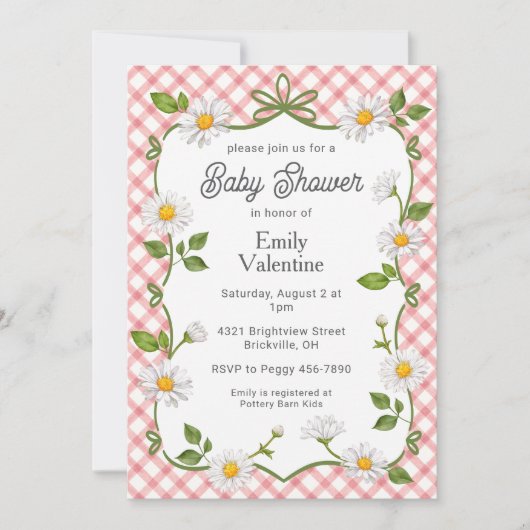 Invitation 007 Red Floral Daisy Plaid Baby Shower (Devant)