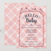 Invitation 007 Red Watercolor Gingham Birds Baby Shower (Devant / Derrière)