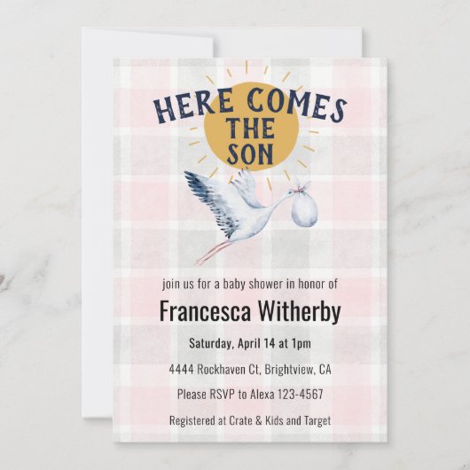 Invitation 008 Blush 020 Fog Sun Plaid Stork Baby Shower (Devant)