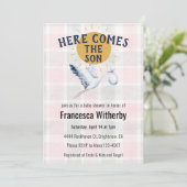 Invitation 008 Blush 020 Fog Sun Plaid Stork Baby Shower (Debout devant)