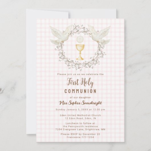 Invitation 008 Blush Dove & Chalice Gingham Première Communio (Devant)