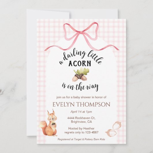 Invitation 008 Blush Pink Squirrel Acorn Gingham Baby Shower (Devant)