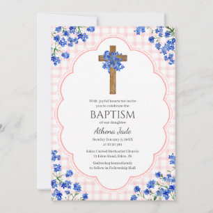 Invitation 008 Rose Pâle Fleurie Croix Rustique Design Baptêm