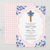 Invitation 008 Rose Pâle Fleurie Croix Rustique Design Baptêm (Devant / Derrière)